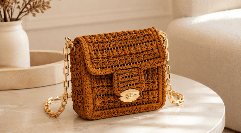 Bolsa Colina em crochê: textura estruturada, tela plástica e acabamento elegante