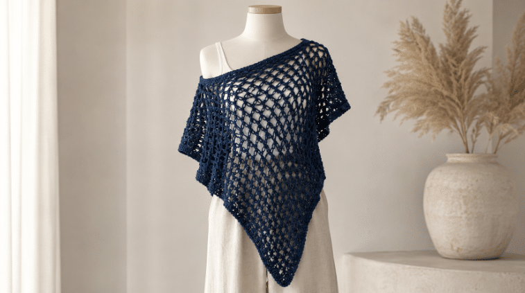 Manequim usando bata boho em crochê azul-marinho, com trama aberta, caimento assimétrico e ponta frontal alongada.