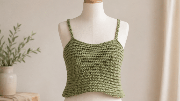 Top artesanal em tricô na cor kaqui, com alças em crochê, caimento leve e visual natural para looks de verão.