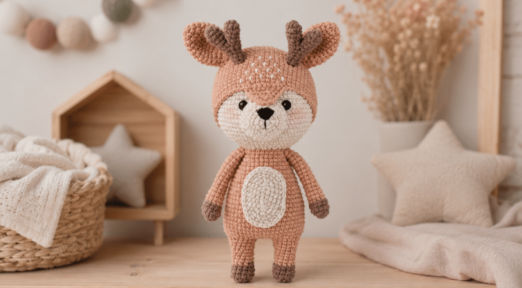 Amigurumi de cervo em crochê nas cores marrom claro, bege e caramelo, com chifres, orelhas grandes, olhos pretos e barriga clara, posicionado em ambiente infantil aconchegante.