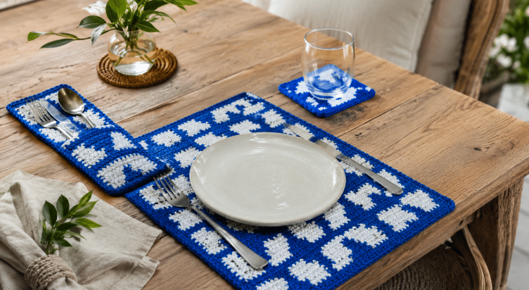 Mesa posta despojada com jogo americano em crochê azul e branco, prato claro, talheres, porta-talher, porta-copo e copo transparente sobre mesa de madeira.