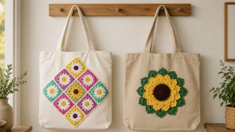 Duas bolsas de pano penduradas lado a lado, uma com aplicação de squares florais coloridos em crochê e outra com aplicação de girassol em crochê.