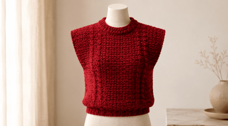 Manequim sem rosto usando colete vermelho em crochê, com gola alta, textura marcada e modelagem sem mangas estilo muscle tee.