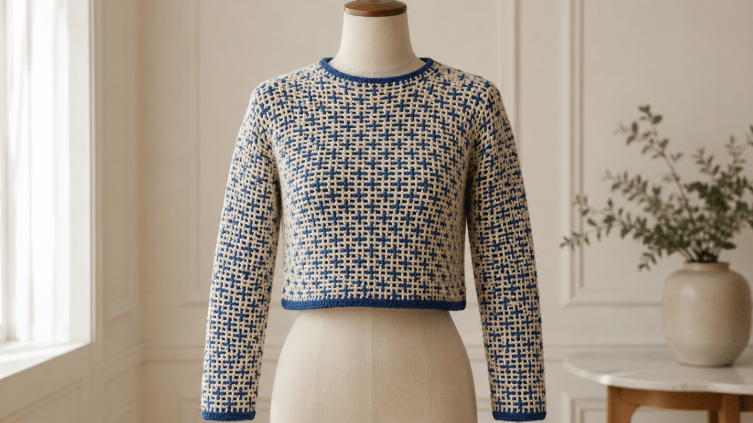 A sofisticação da Blusa Lisboa em crochê apresenta contraste azul e branco para uma peça cheia de presença