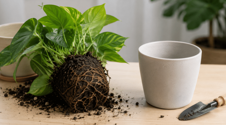 Planta de interior fora do vaso sobre mesa clara, com raízes aparentes, terra solta ao redor, vaso novo ao lado e pequena pá de jardinagem.
