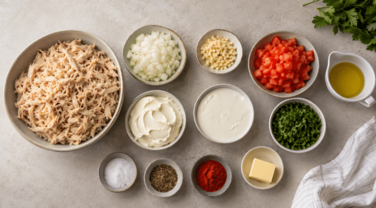 Ingredientes do frango desfiado cremoso vistos de cima, com frango desfiado, cebola, alho, tomate, creme, requeijão, cheiro-verde, azeite e temperos em potes sobre bancada clara.