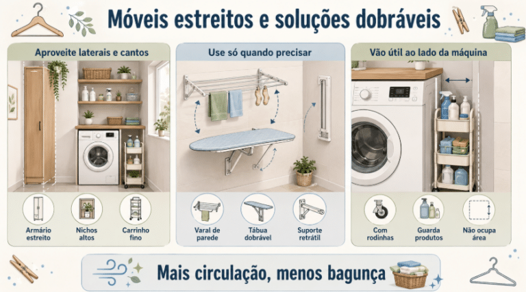 Infográfico 16:9 sobre lavanderia pequena com móveis estreitos e soluções dobráveis, mostrando armário estreito, nichos altos, carrinho fino, varal de parede, tábua dobrável e organizador com rodinhas ao lado da máquina.