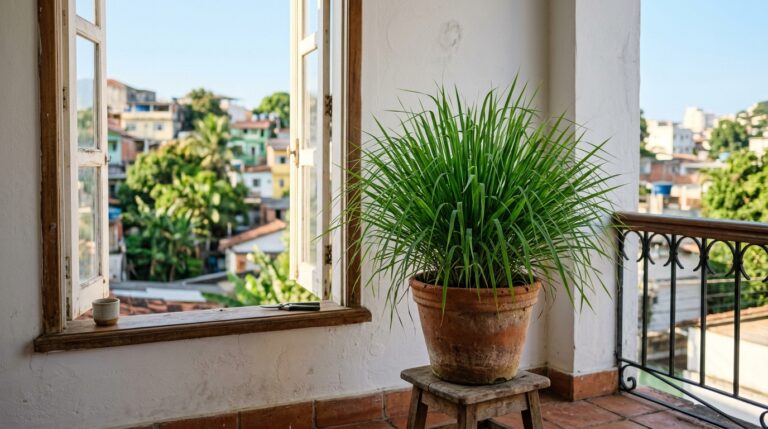 Vaso de barro com uma citronela grande e viçosa sobre um banco de madeira em uma varanda com piso de tijolos, ao lado de uma janela aberta com vista urbana ao fundo.