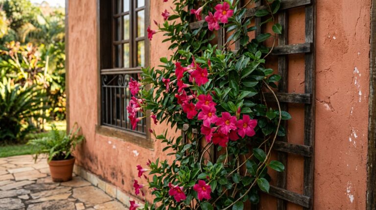 Treliça de madeira rústica fixada em uma parede terracota externa, coberta por ramos verdes e dezenas de flores rosa vibrantes de dipladênia em formato de trompete. Ao fundo, um jardim verde e uma janela com grade de ferro.