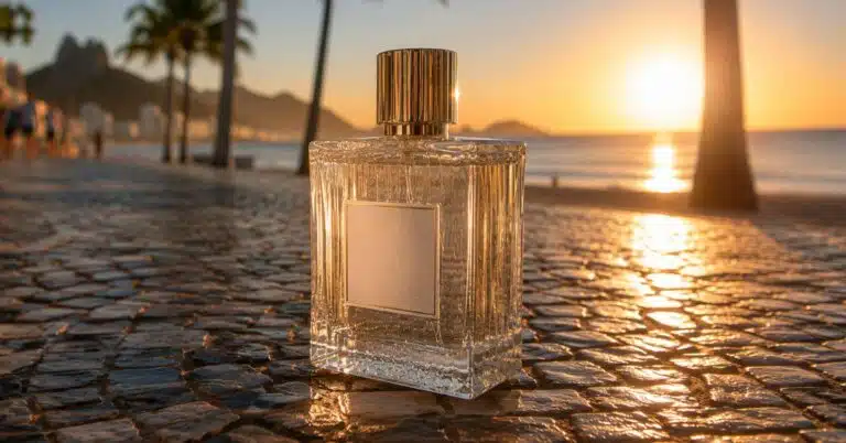 Frasco de perfume sobre uma mesa à beira-mar durante o pôr do sol, representando fragrâncias de alta projeção e longa duração.