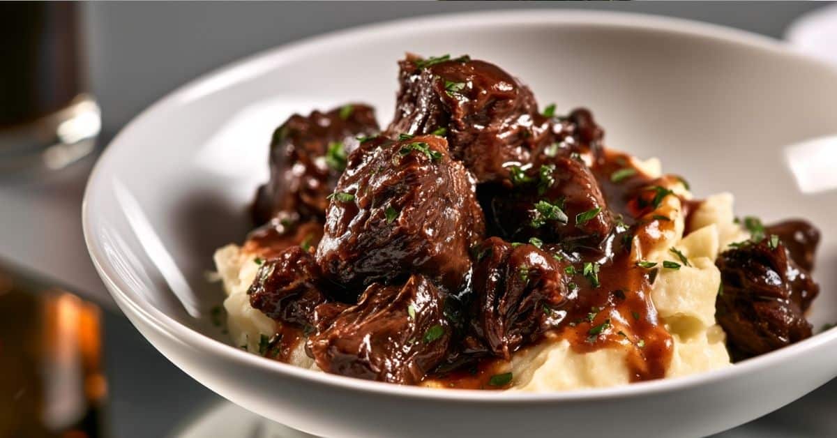 Purê de batata com blend de queijos e picadinho de carne ao glace de vinho tinto: um prato digno de restaurante!