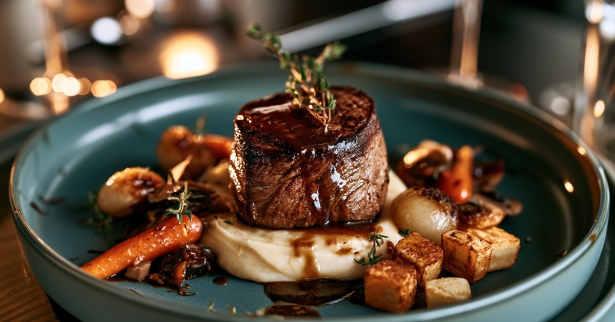 Receita de um prato elegante para servir para seus convidados: Filé mignon ao molho de vinho tinto com bacon, mini cebolas, cogumelos Portobello e purê de batatas cremoso