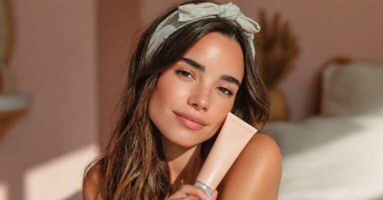 Mulher com pele radiante e saudável segurando um produto de skincare, ilustrando rotina de beleza.