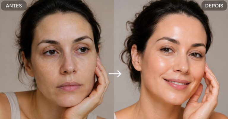Comparação do antes e depois da mesma mulher: à esquerda, pele opaca e ressecada; à direita, pele hidratada, luminosa e com viço natural.