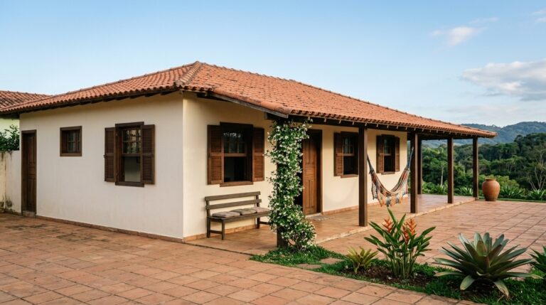 Casa de fazenda branca com telhado de barro rústico e ampla varanda de piso cerâmico. No centro, um pilar de madeira de sustentação está completamente coberto por uma folhagem densa e floribunda de jasmim-estrela branco. Ao fundo, uma rede colorida e a vista para montanhas verdes.