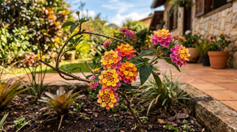 Pequeno arbusto de Lantana com flores em tons degradê de amarelo, laranja e rosa, em um canteiro de jardim próximo a uma casa rústica.