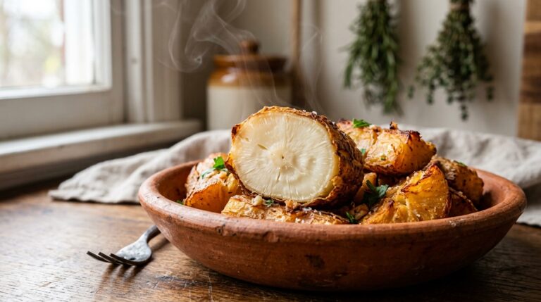 Pedaços de mandioca assada com crosta dourada e fumegante em uma tigela de barro sobre uma mesa de madeira.