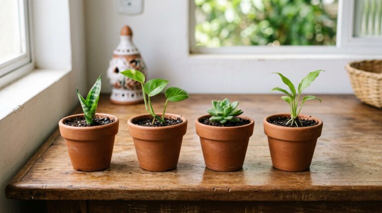 Quatro pequenos vasos de terracota alinhados sobre uma mesa de madeira rústica perto de uma janela bem iluminada. Da esquerda para a direita: uma muda de espada-de-são-jorge, uma muda de jiboia com folhas verdes e amarelas, uma suculenta verde em formato de roseta e um pequeno lírio-da-paz. Ao fundo, um incensário de cerâmica e o desfoque verde de um jardim externo.