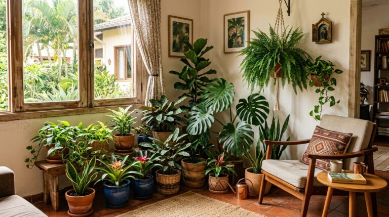 Sala de estar brasileira repleta de vasos de plantas de diversos tamanhos, incluindo Costela-de-Adão, samambaias suspensas e bromélias, próxima a uma janela grande.