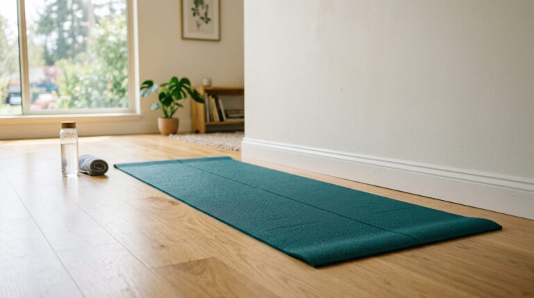 Tapete de exercício verde desenrolado no chão de madeira de uma sala iluminada, com uma garrafa de água e uma toalha pequena ao lado.
