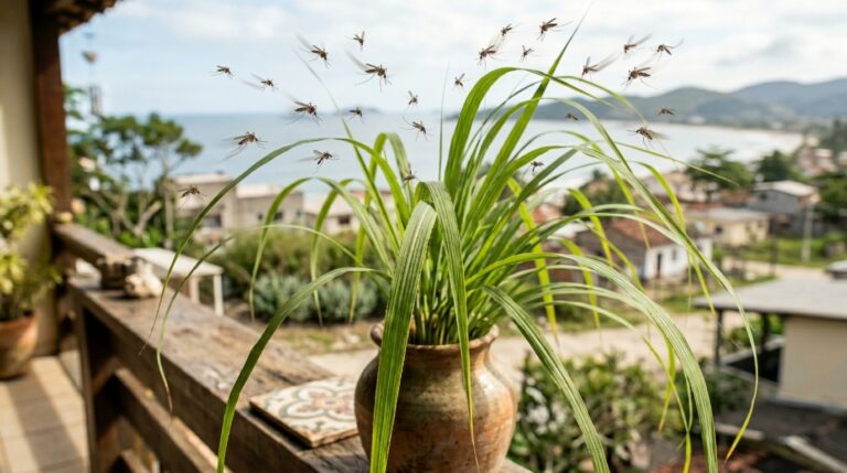 Vaso de barro com uma planta de citronela sobre o parapeito de uma varanda com vista para o mar, rodeada por insetos voadores.