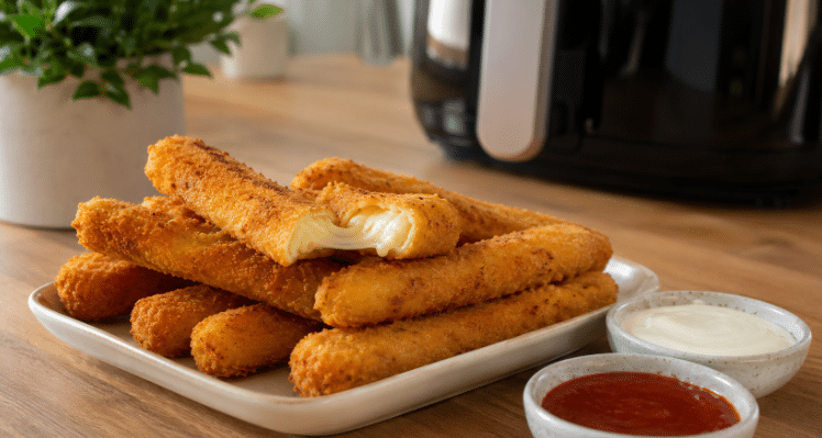 Palitinhos de queijo empanados feitos na Air Fryer, dourados e crocantes, servidos em uma travessa clara sobre mesa de madeira, com um deles aberto mostrando o queijo derretido e dois molhos ao lado.