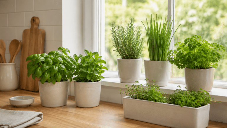 Vasos com manjericão, hortelã, alecrim, cebolinha e salsinha cultivados próximos à janela da cozinha.