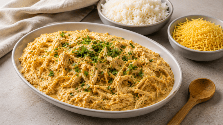 Travessa com receita defrango desfiado em mesa posta