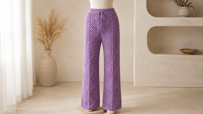 Calça Ícone Hit em crochê transforma quadradinhos em uma peça moderna e cheia de personalidade