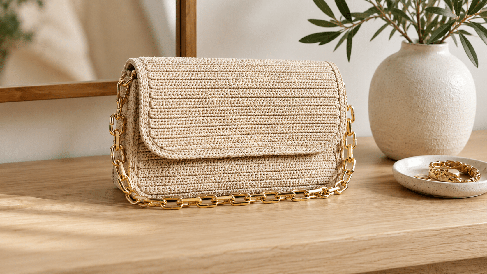 A elegante textura, estrutura firme e acabamento artesanal da Bolsa Oásis em crochê