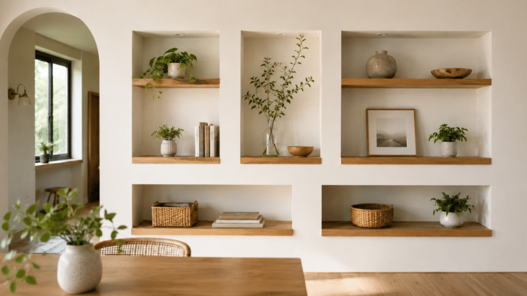 Parede clara com nichos e prateleiras de madeira clara organizados de forma minimalista, com poucos livros, cestos neutros, vasos decorativos e pequenas plantas em ambiente interno acolhedor.