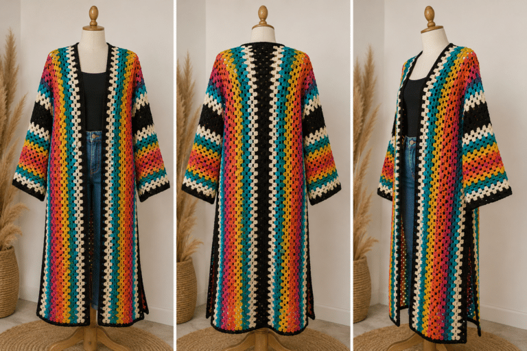 Maxi kimono de crochê colorido apresentado em três ângulos, destacando a modelagem ampla e as faixas de cores.