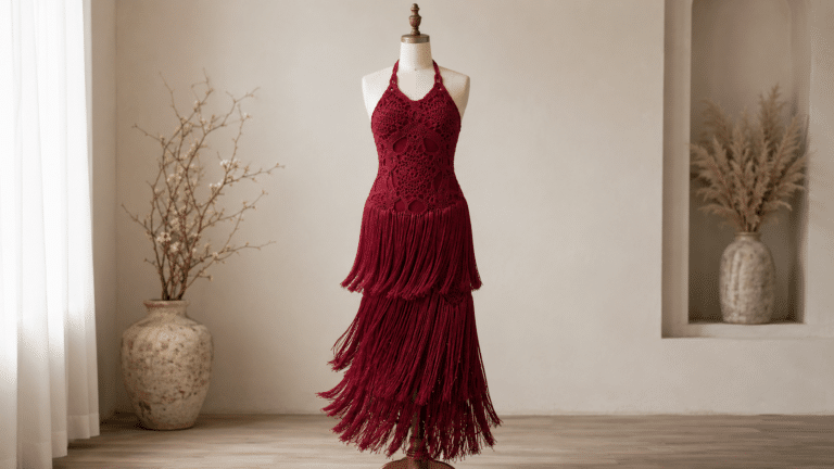 Vestido Scarlet em crochê transforma motivos e franjas em uma peça marcante