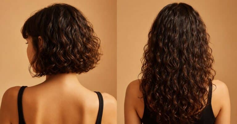 Mulher mostrando antes e depois do crescimento capilar com cabelos mais longos e saudáveis.