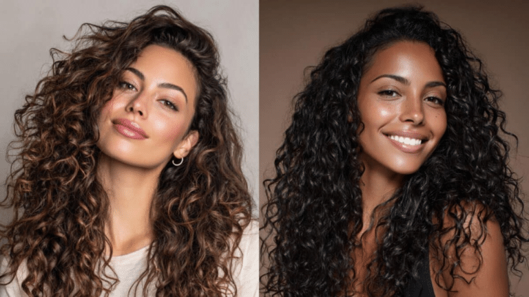 Duas mulheres com cabelos cacheados longos, destacando definição, brilho e volume natural dos fios.
