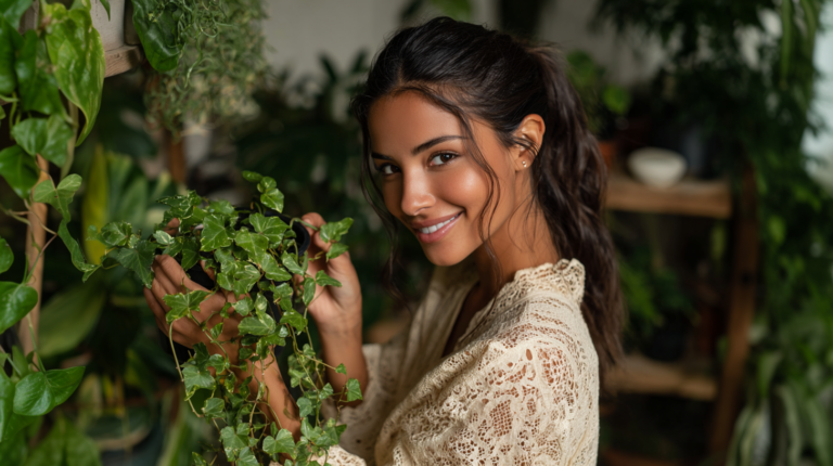Mulher sorrindo enquanto segura uma planta de hera saudável em um ambiente interno com diversas plantas.
