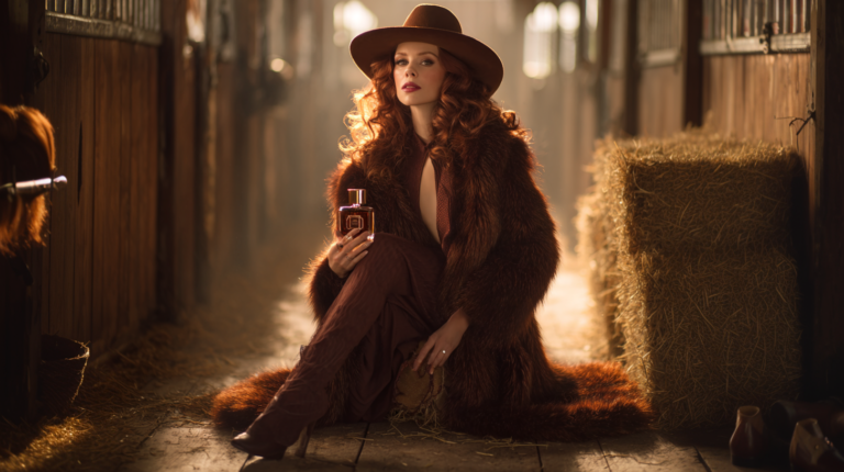 Mulher elegante usando casaco de inverno e chapéu enquanto segura um frasco de perfume em um ambiente rústico, representando fragrâncias intensas para o clima frio.