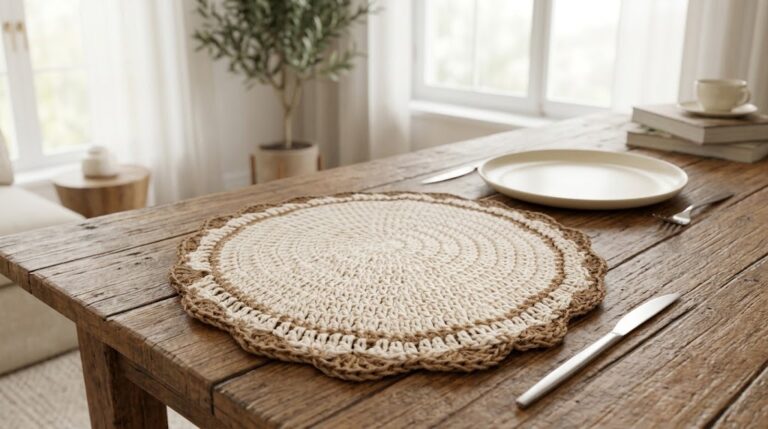 Sousplat Safari em crochê com textura de juta sobre mesa posta decorada.
