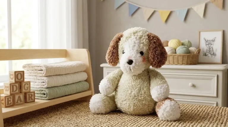 Ursinho de pelúcia artesanal com orelhas marrons e patas brancas sentado em um quarto infantil acolhedor.