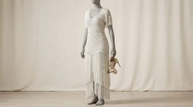 Vestido longo off-white em crochê com diferentes pontos fantasia, mangas e acabamento com franjas.