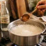 Pessoa adicionando uma colher de vinagre ao arroz durante o cozimento em uma panela no fogão para melhorar a textura e a aparência dos grãos.