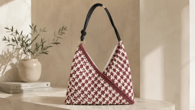 Bolsa Dueto em crochê nas cores vinho e off white exposta em ambiente sofisticado e minimalista
