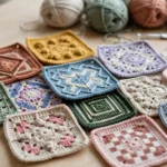 Squares de crochê coloridos organizados sobre uma mesa de trabalho com fios e agulhas