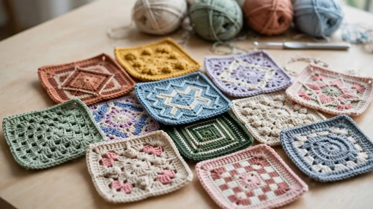 Squares de crochê coloridos organizados sobre uma mesa de trabalho com fios e agulhas