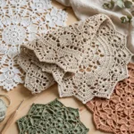 Toalhinhas de crochê artesanais em diferentes formatos e cores sobre uma mesa decorada.