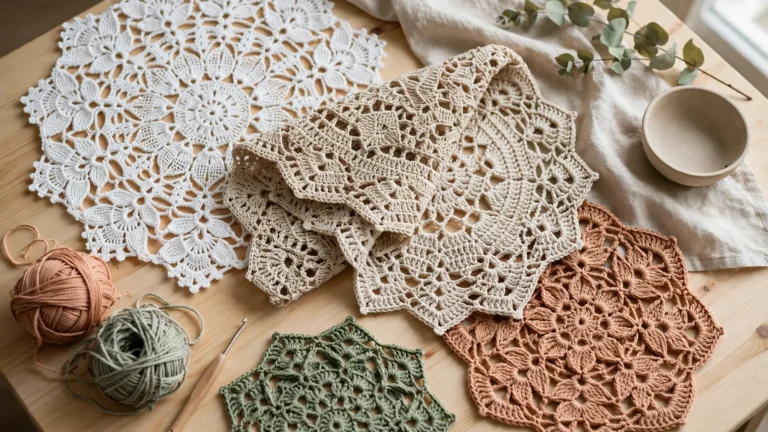 Toalhinhas de crochê artesanais em diferentes formatos e cores sobre uma mesa decorada.