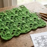 Amostra de crochê verde em andamento sobre mesa de madeira rústica, acompanhada de agulhas de madeira, novelo de linha e folha com gráfico do ponto no canto.