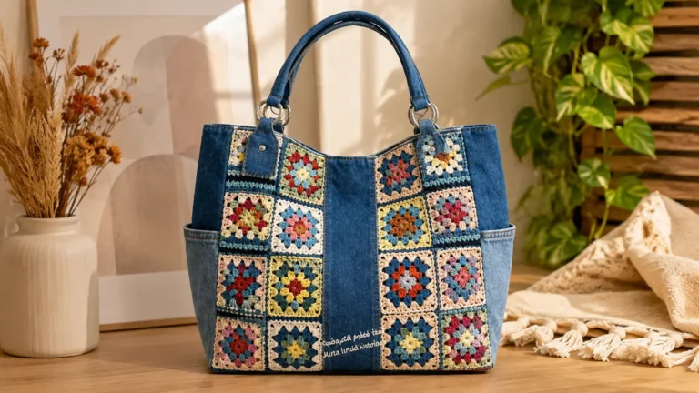 Bolsa artesanal feita com jeans reaproveitado e detalhes coloridos em crochê