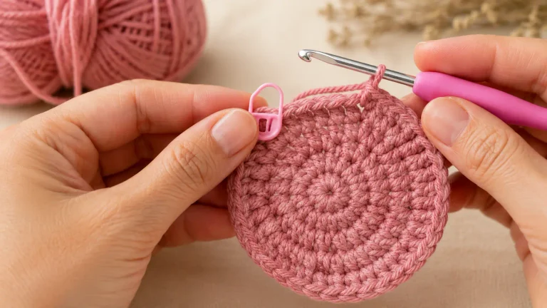 Mãos fazendo crochê circular com marcador de pontos em uma peça rosa