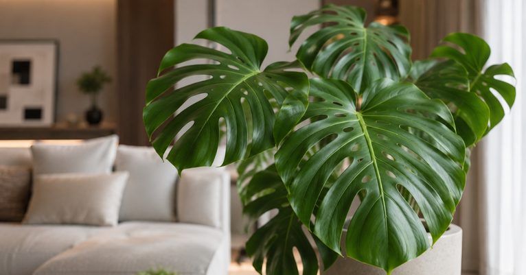 Costela-de-Adão com folhas grandes, verdes e recortadas decorando uma sala bem iluminada.